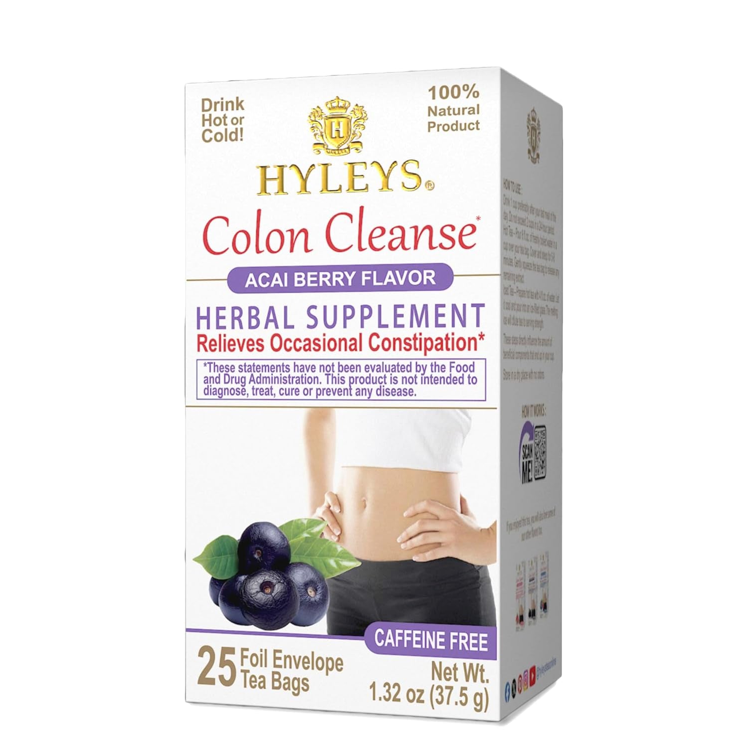 Colon Cleanse Tea, Acai Berry Flavor - 300 Individually Wrapped Herbal Tea Bags (12 Pack of 25) - Caffeine Free, Vegan
