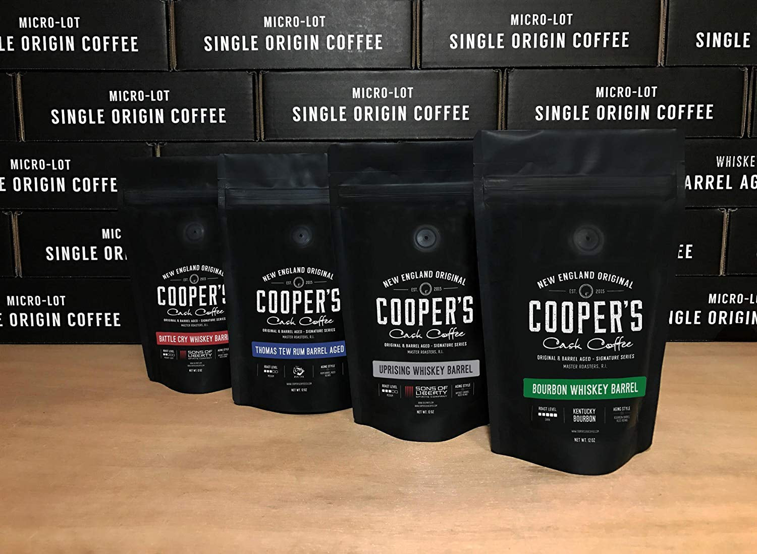 Bourbon & Whiskey Barrel Aged Coffee - Ground - 4 Bag Coffee Set - 4Oz and Single Origin Ethiopian Ground Coffee - 12 Oz
