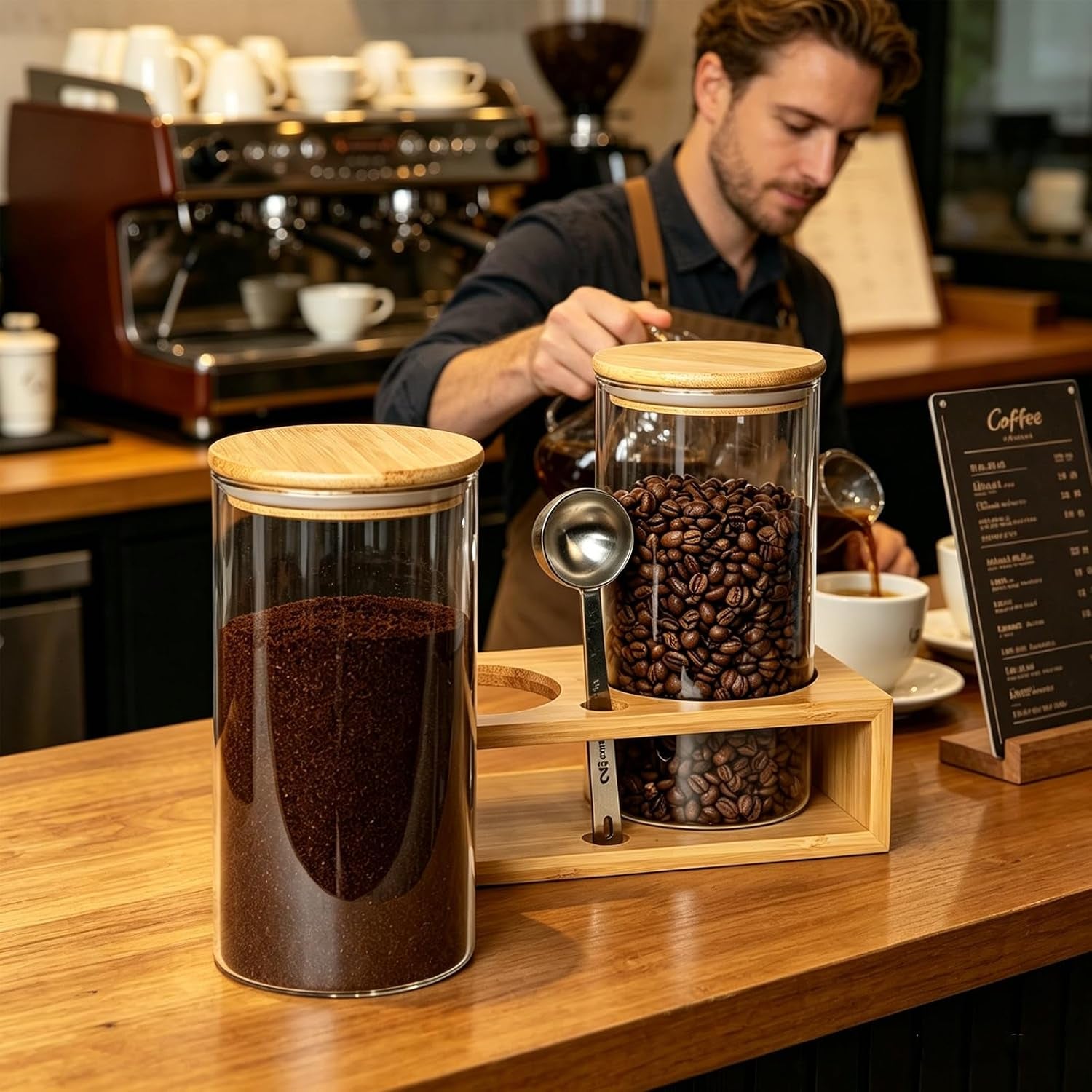 Glass Coffee Containers with Shelf - Coffee Bar Organizer and Accessories, Coffee Jars with Spoon, 2X 49Oz Airtight Sealed Coffee Canister for Coffee Bean, Ground Coffee, Nuts