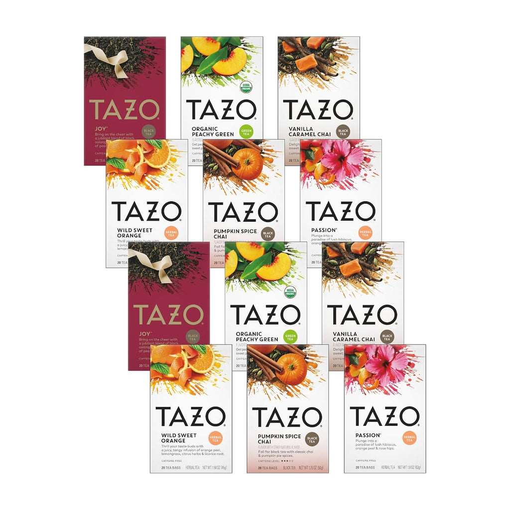 TAZO Tea Bags, (JOY, Passion, Pumpkin Chai, Vanilla Caramel Chai, Wild Sweet Orange, Peachy Green) (2Ea) Variety Pack