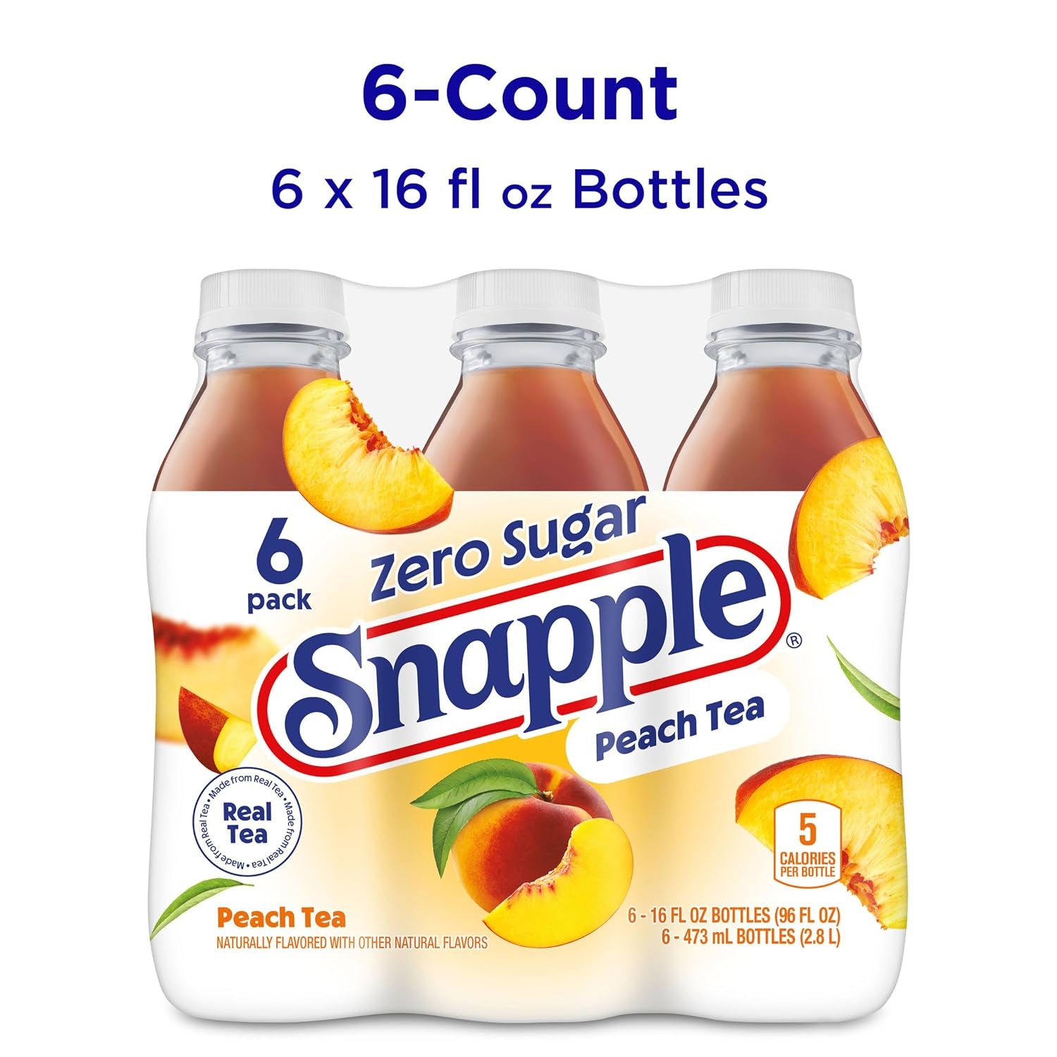 Zero Sugar Peach Tea, 16 Fl Oz Recycled Plastic Bottle, 6 Pack