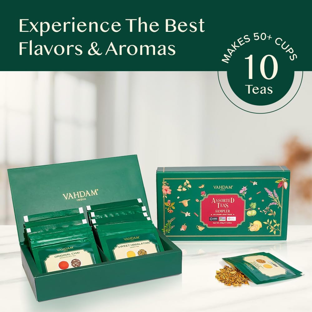 Top 10 Favourites Tea Sampler Set | Loose Leaf Tea (50+ Cups) | Tea Variety Pack with Green, Herbal, Black & Chai Brew | Vacuum Sealed for Freshness | Brew Hot & Col