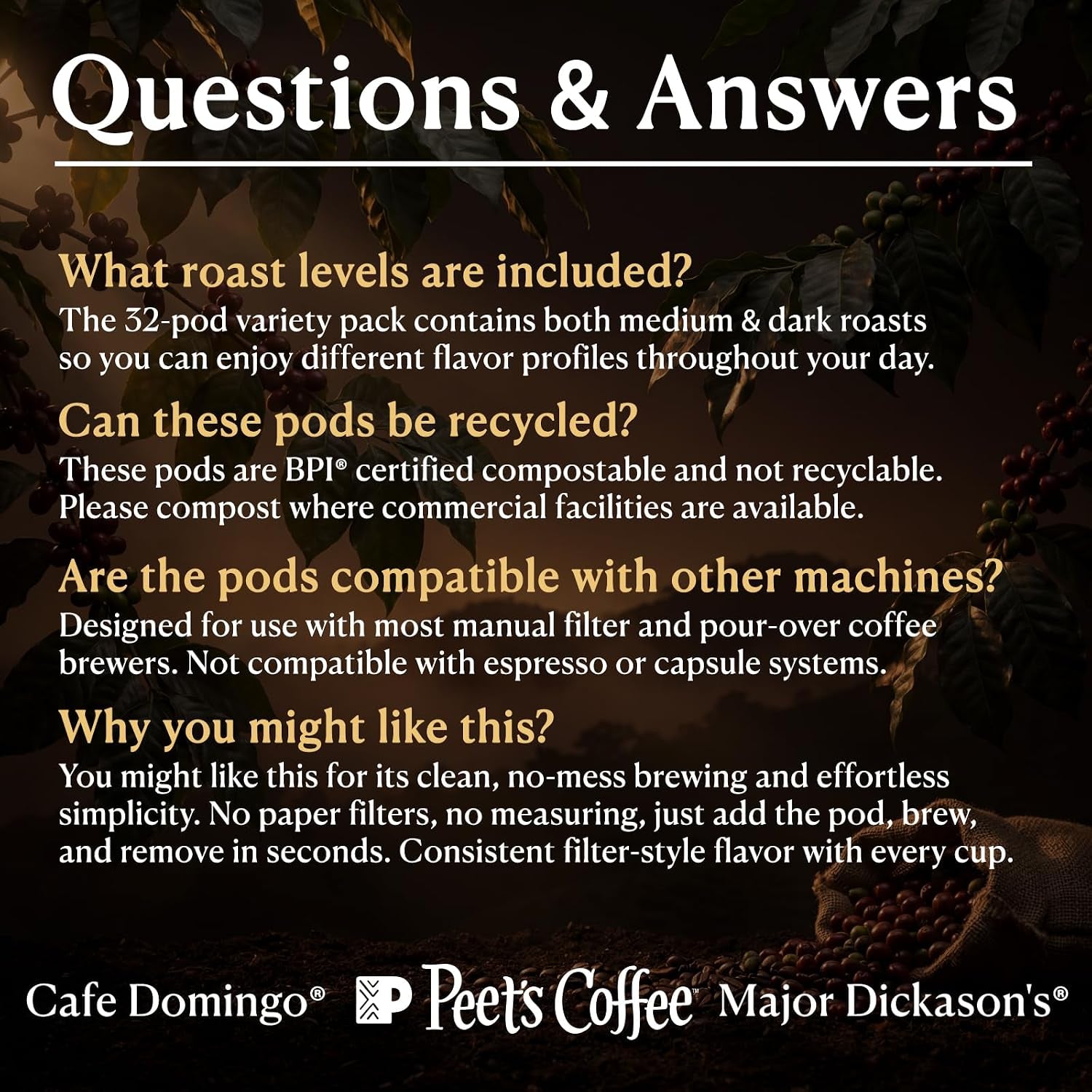 Peet’S Major Dickason’S & Domingo Coffee Pods – 32 Count (2 Packs of 16) – Dark Roast & Medium Roast Variety Pack with Bold, Smooth Flavor – Compatible with Pelecom Coffee Machines – Peet’S Coffee Pods