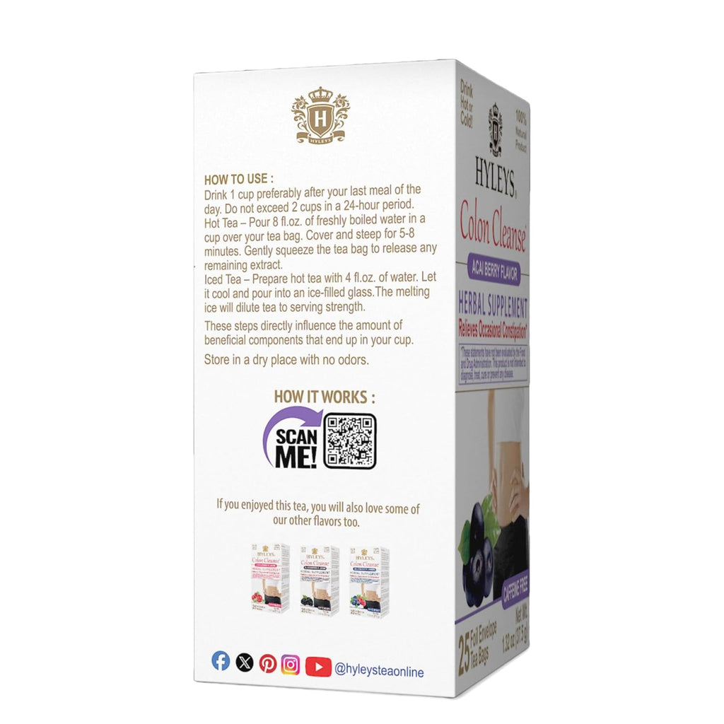 Colon Cleanse Tea, Acai Berry Flavor - 300 Individually Wrapped Herbal Tea Bags (12 Pack of 25) - Caffeine Free, Vegan