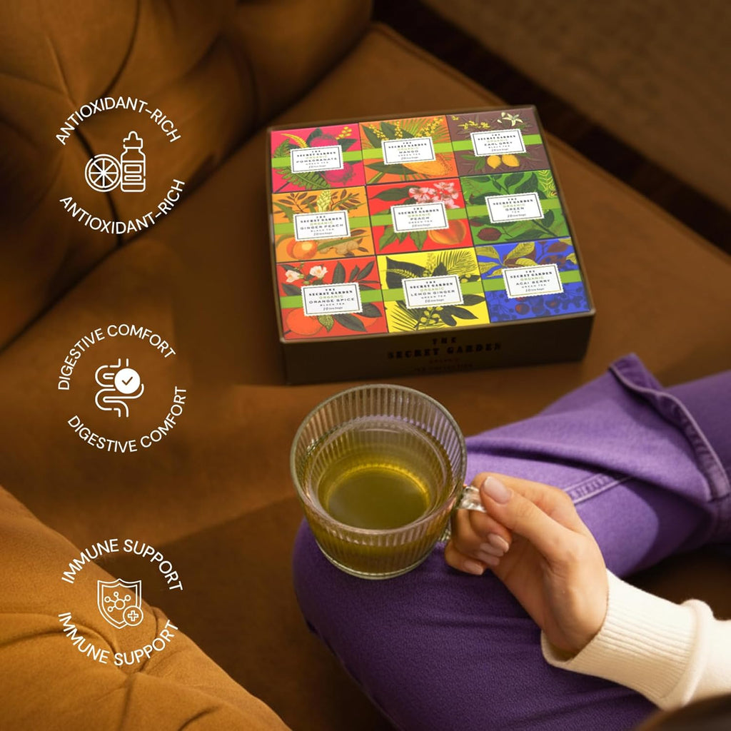 the Secret Garden 90 Tea Bags Tea Gift Set 9 Flavors Tea Set Organic Peach Pomegranate Mango Lemon Ginger Acai Berry Green Teas Orange Spice Ginger Peach Earl Grey Black Assorted Pack for Women