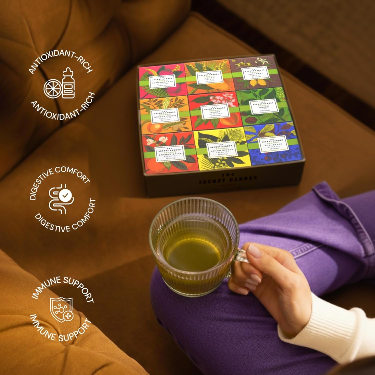 the Secret Garden 90 Tea Bags Tea Gift Set 9 Flavors Tea Set Organic Peach Pomegranate Mango Lemon Ginger Acai Berry Green Teas Orange Spice Ginger Peach Earl Grey Black Assorted Pack for Women