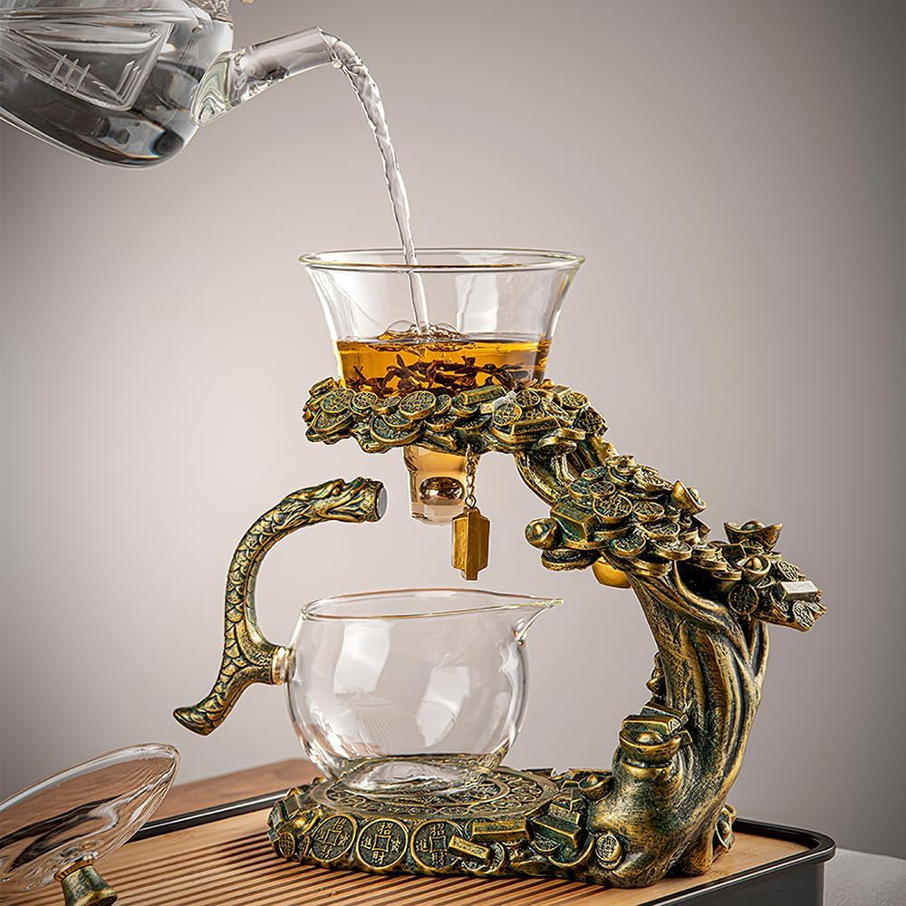 Lazy Kungfu Drip Teapot, Heat Resistant Tea Set, Semi-Automatic Glass Teapot Suit for Magnetic Water Flow Wooden Glass Teapot Set