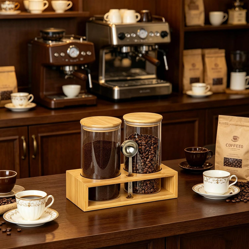 Glass Coffee Containers with Shelf - Coffee Bar Organizer and Accessories, Coffee Jars with Spoon, 2X 49Oz Airtight Sealed Coffee Canister for Coffee Bean, Ground Coffee, Nuts