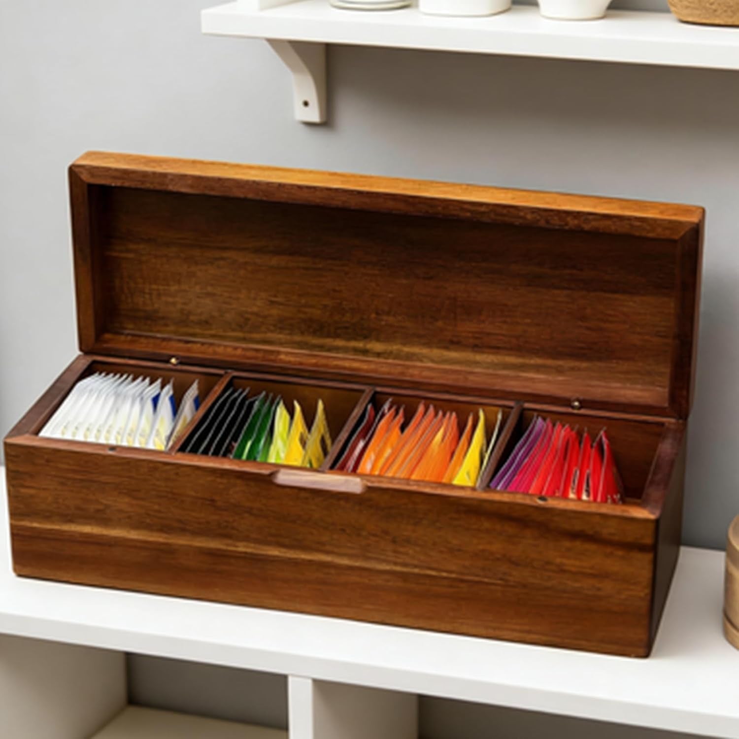 Wooden Tea Bag Organizers with 4 Compartments Tea Packet Storage Boxes & Display Caddy Tea Bag Holder for Countertop Storage