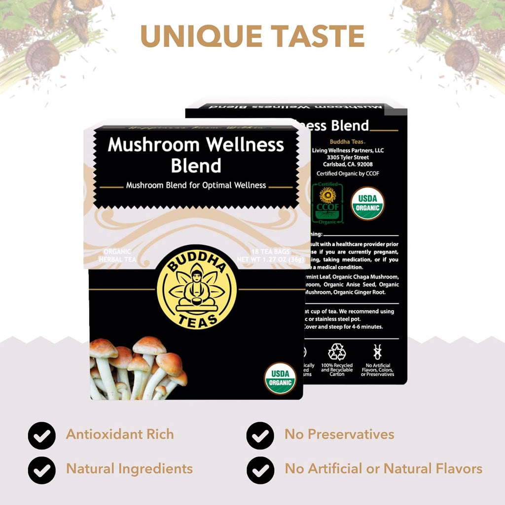 - Organic Mushroom Wellness Blend - Herbal Tea - for Health & Wellbeing - with Antioxidants & Minerals - Clean Ingredients - Caffeine Free - OU Kosher & Non-Gmo - 18 Tea Bags (Pack of 1).