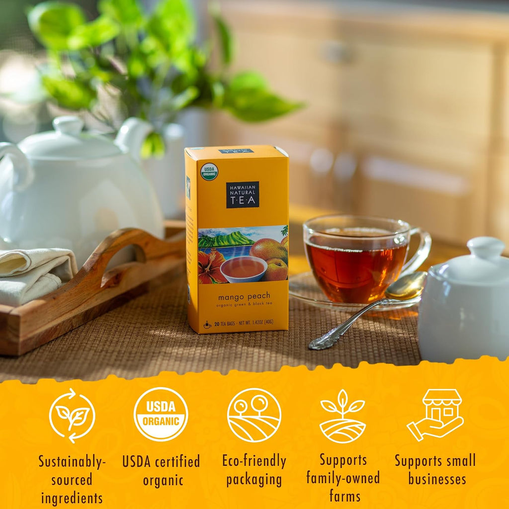 Hawaiian Natural Tea Organic Mango Peach Green & Black Tea Bags, 120 Count | USDA Organic, Non-Gmo, Gluten-Free, Keto, Vegan, Kosher – Perfect Hot or Iced – Low Caffeine – Plastic-Free Tea Bags