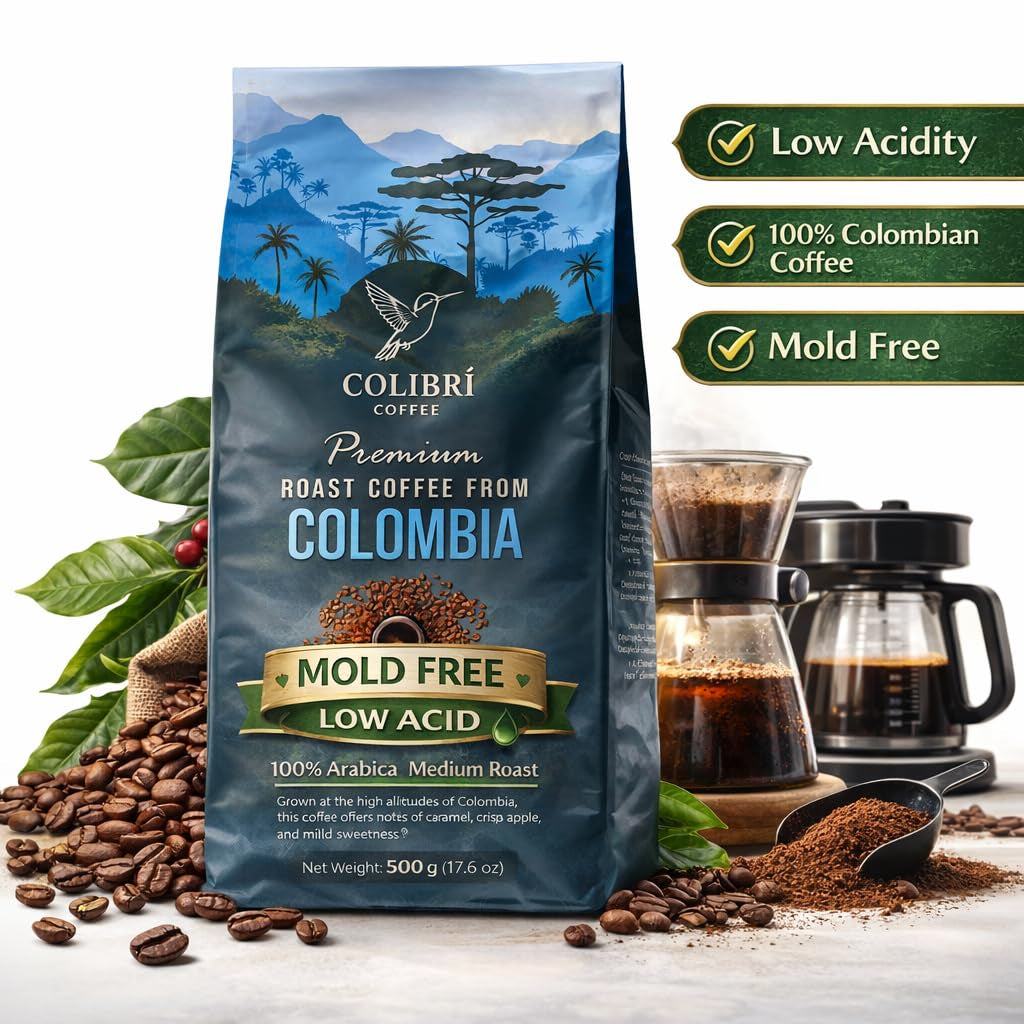 Low Acid Coffee, Ground Coffee Medium Roast Colombian Coffee, Ground Coffee for Coffee Maker, Ideal for Cold Brew and Reusable K Cups for Keurig 16 Oz