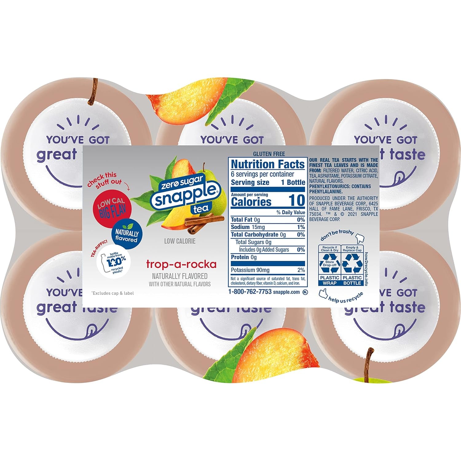 Zero Sugar Trop-A-Rocka Tea, 16 Fl Oz Recycled Plastic Bottle, 6 Pack