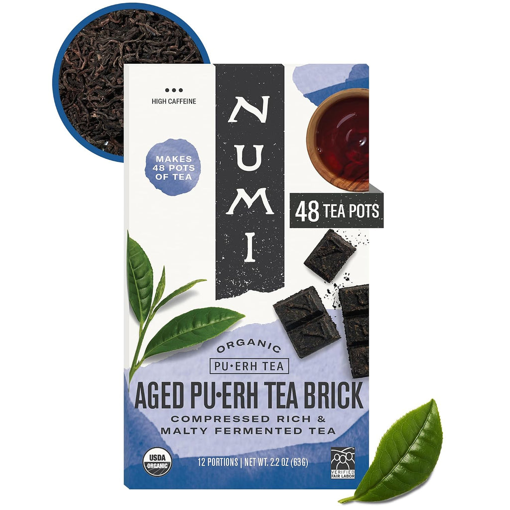 Numi Organic Aged Pu-Erh Tea Brick, Fermented Loose Yunnan Dark Black Tea | Bold, Earthy Yunnan Pu-Erh — 12 Bricks Brew up to 48 Pots