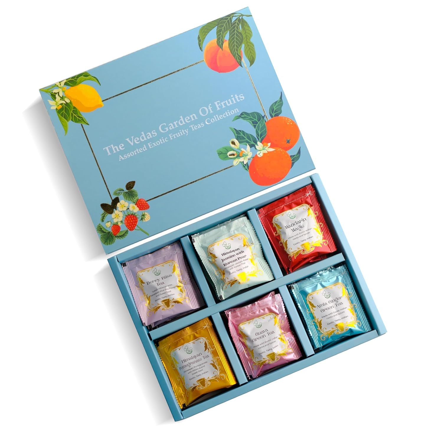 Garden of Fruits Premium Herbal Tea Selection Gift Set Box | Ideal Gifts for Women & Men, Birthday, Anniversary & Self-Care Eco-Friendly | 24 Handstitched Cotton Teabags | 6 Different Flavours