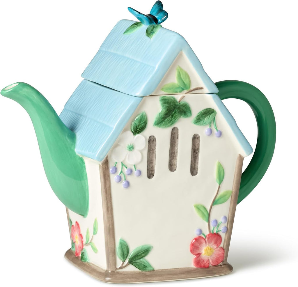 Flora 3D Birdhouse Teapot – 32-Ounce Hand-Painted Ceramic Teapot with Pastel Floral and Butterfly Design, Ideal for Tea Serving, Hosting, and Decorative Kitchen Display
