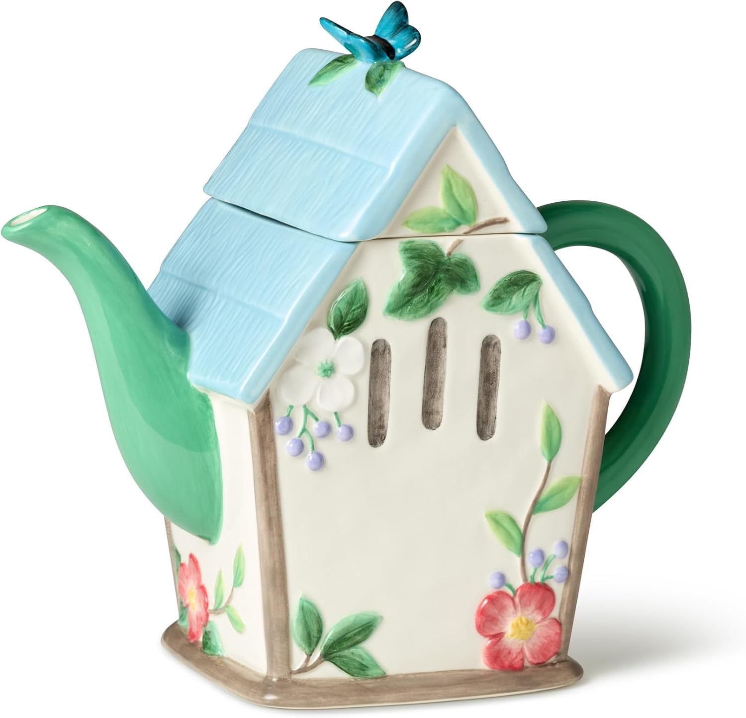 Flora 3D Birdhouse Teapot – 32-Ounce Hand-Painted Ceramic Teapot with Pastel Floral and Butterfly Design, Ideal for Tea Serving, Hosting, and Decorative Kitchen Display