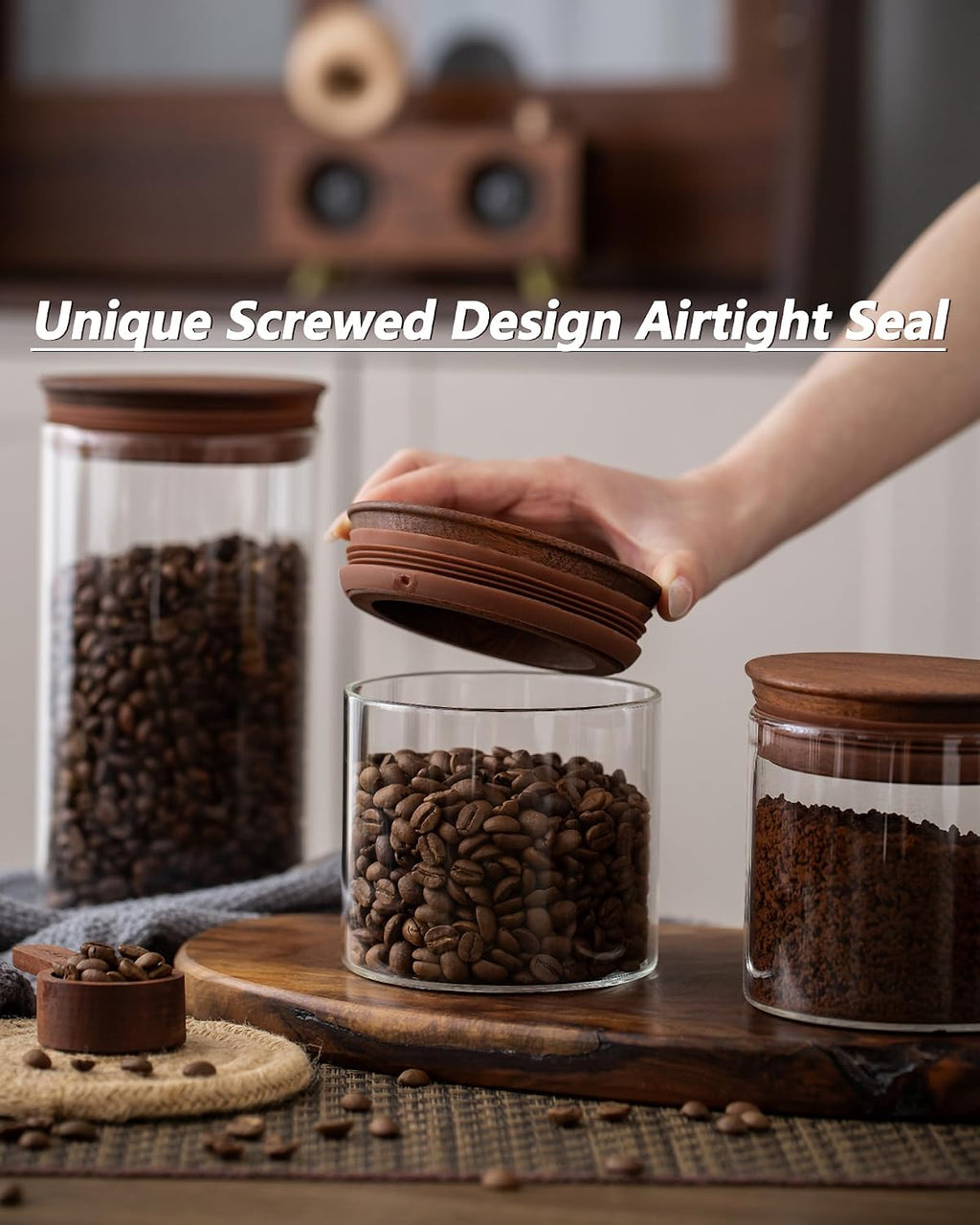17 Oz Coffee Canister with Scoop and Wooden Lids, Airtight Glass Coffee Beans Storage Container Sets of 2 for Ground Coffee,Food Storge Jars for Ground Coffee Bar Cereal Snack