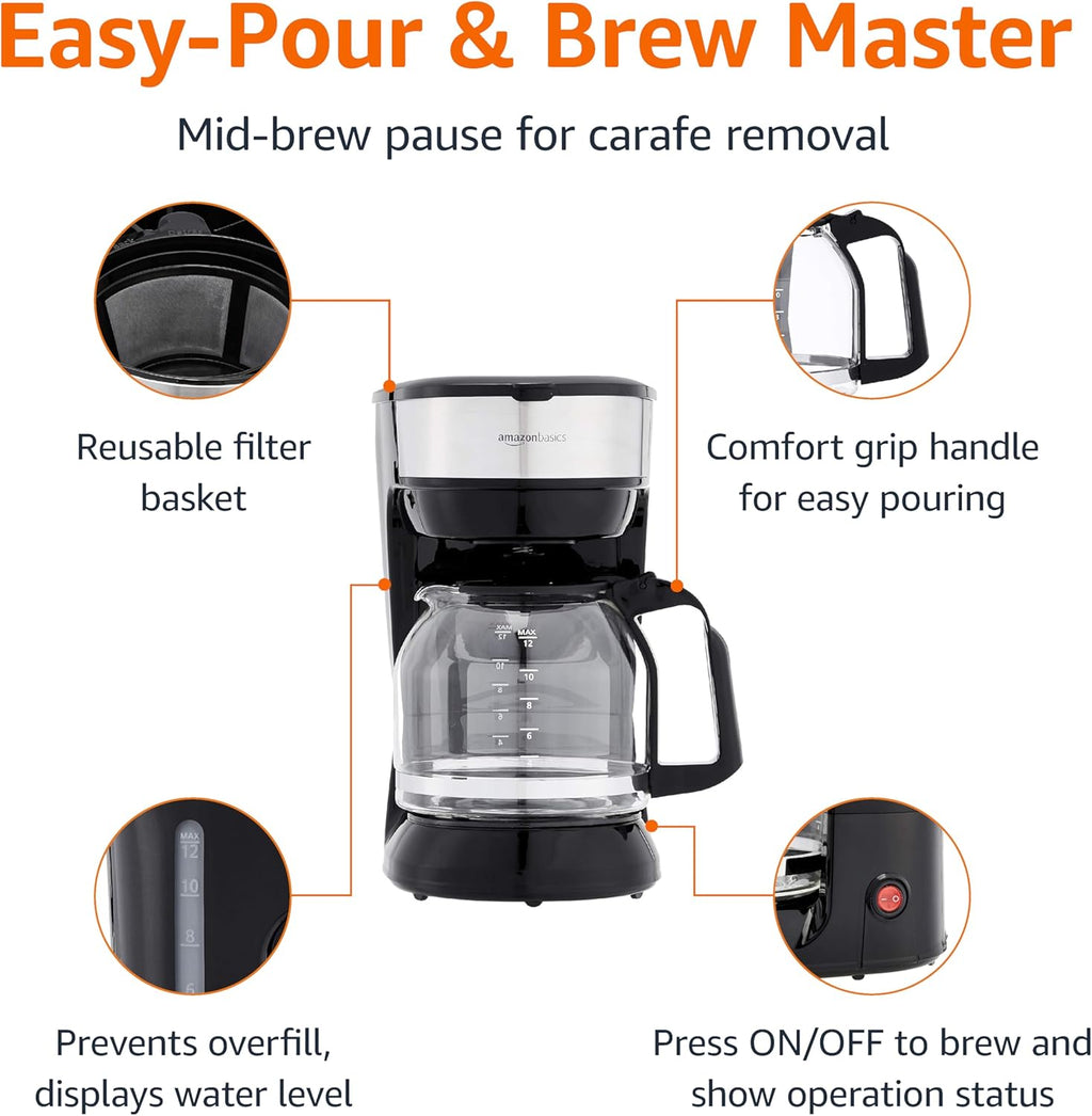 Coffee Makers, 12-Cup Coffee Machines with Reusable Filter, Coffee Pots, Black & Stainless Steel