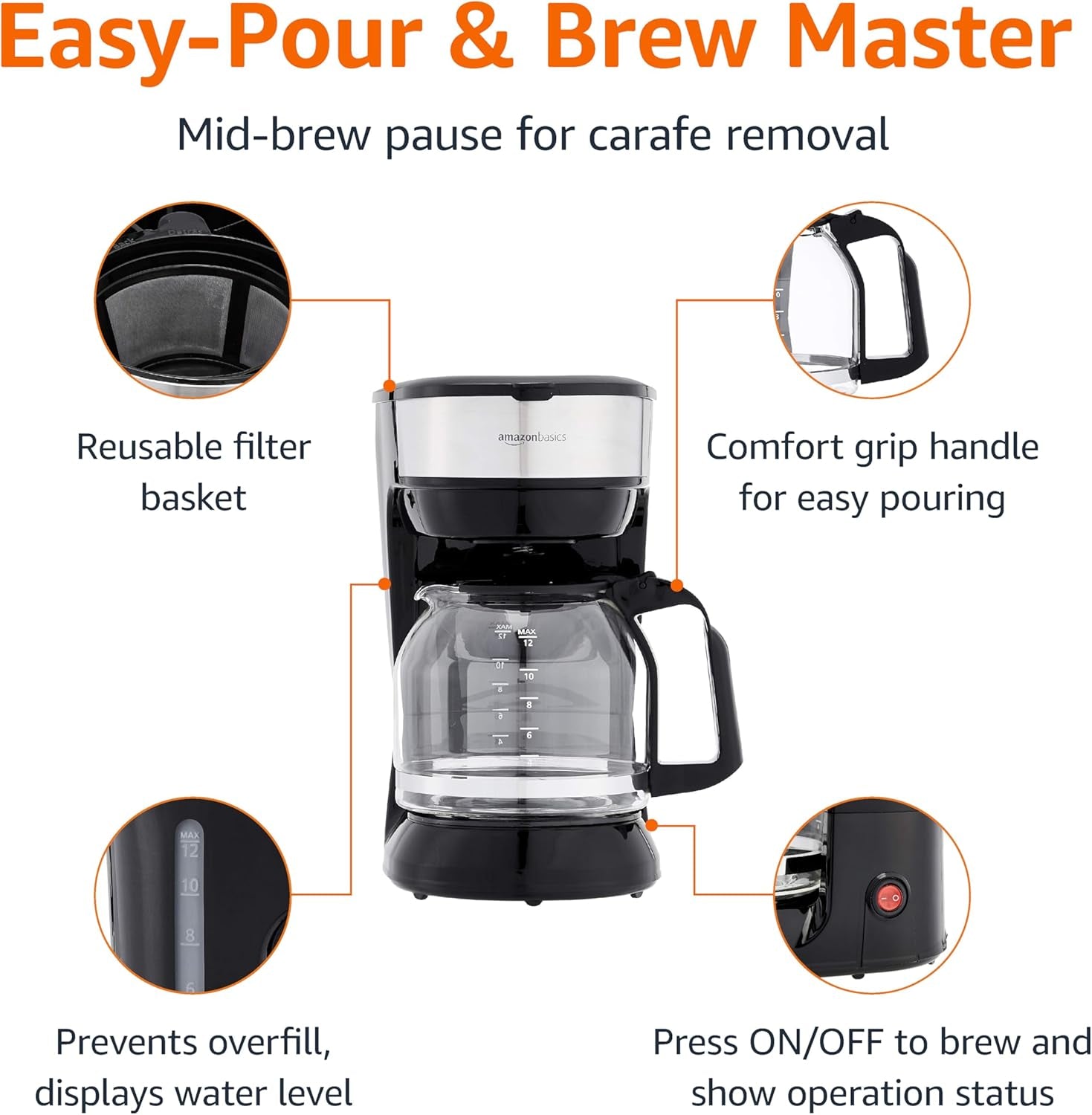 Coffee Makers, 12-Cup Coffee Machines with Reusable Filter, Coffee Pots, Black & Stainless Steel