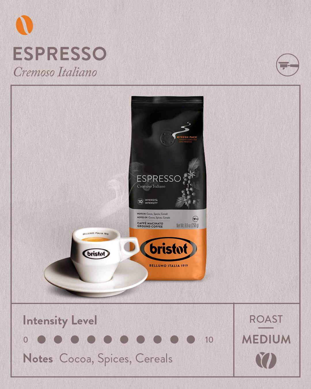 Espresso Cremoso Italiano Ground Coffee – Medium Roast, Rich & Smooth – 8.8Oz (250G) Bag – Italian Ground Espresso for Home Machines