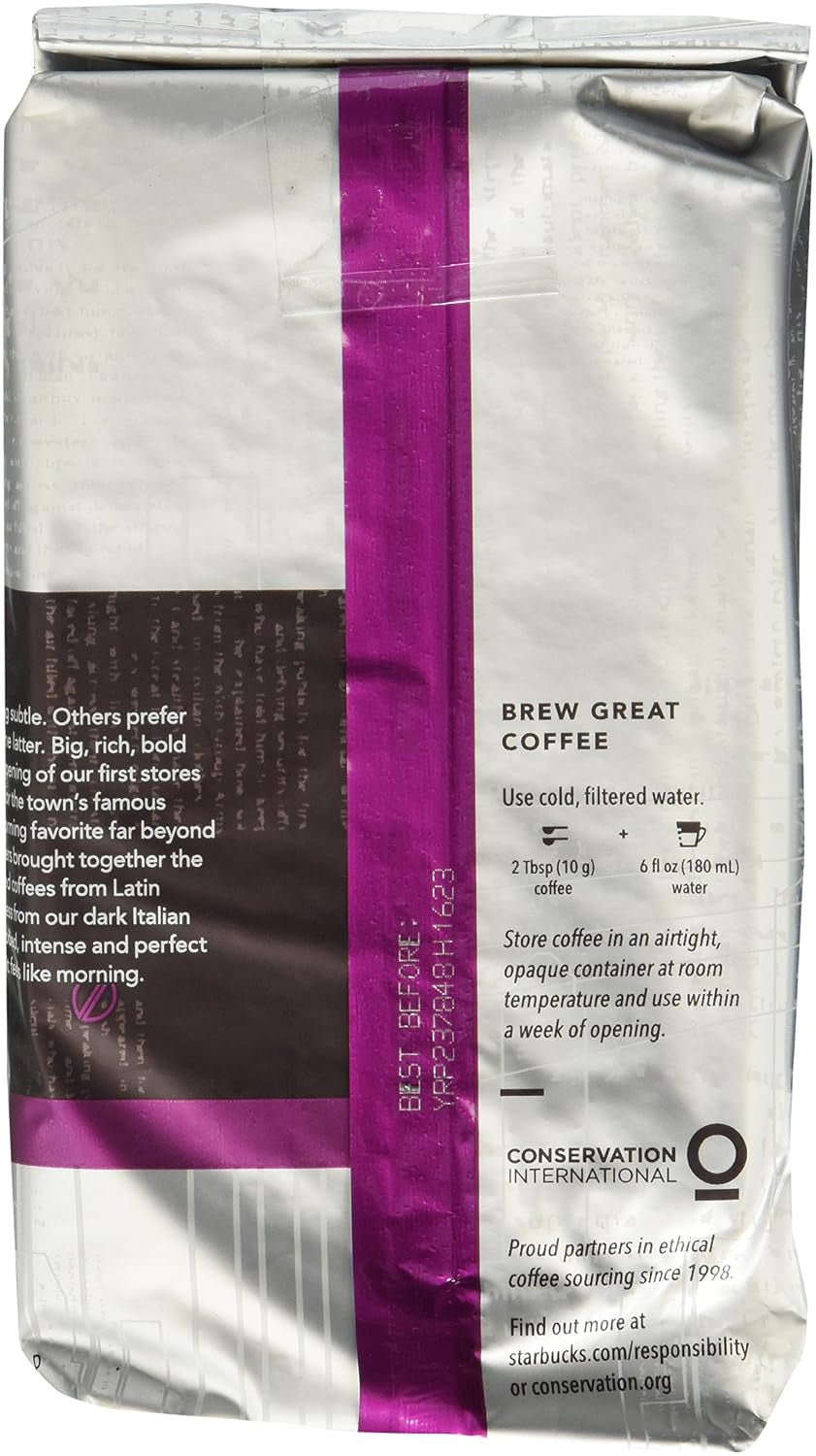 Starbucks Ground Coffee, Morning Joe, Dark Roast Coffee, Notes of Baking Chocolate & Dried Fruit, Ground 100% Arabica Coffee, 12-Ounce Bag (Pack of 3)