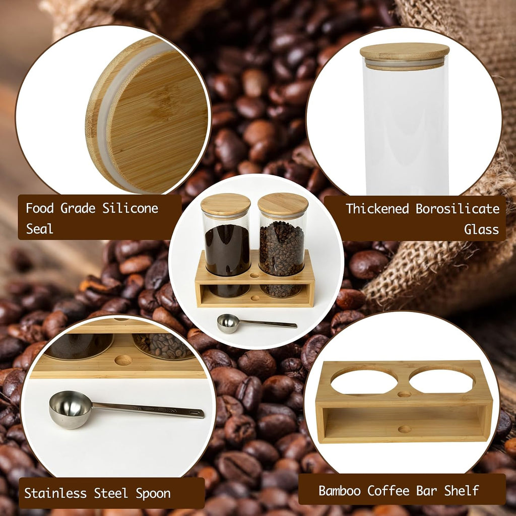 Glass Coffee Containers with Shelf - Coffee Bar Organizer and Accessories, Coffee Jars with Spoon, 2X 49Oz Airtight Sealed Coffee Canister for Coffee Bean, Ground Coffee, Nuts