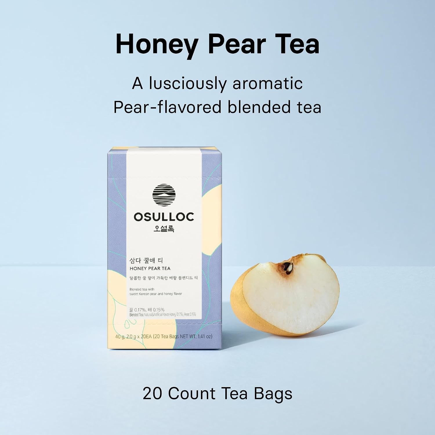 Honey Pear Tea (Sweet Pear & Honey Flavor), Fruit Tea Blend, Premium Teabags from Jeju Island, 20 Count (Pack of 2)