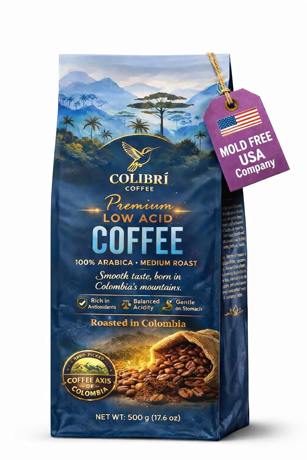 Low Acid Coffee, Ground Coffee Medium Roast Colombian Coffee, Ground Coffee for Coffee Maker, Ideal for Cold Brew and Reusable K Cups for Keurig 16 Oz