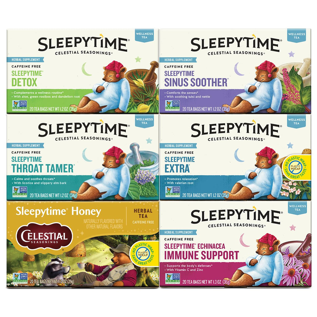 Wellness Tea Sleepytime Variety Pack, Detox, Sinus Soother, Throat Tamer, Sleepytime Extra, Honey, Immune Boost, Caffeine Free Sleep Tea, 20 Tea Bags (Pack of 6)