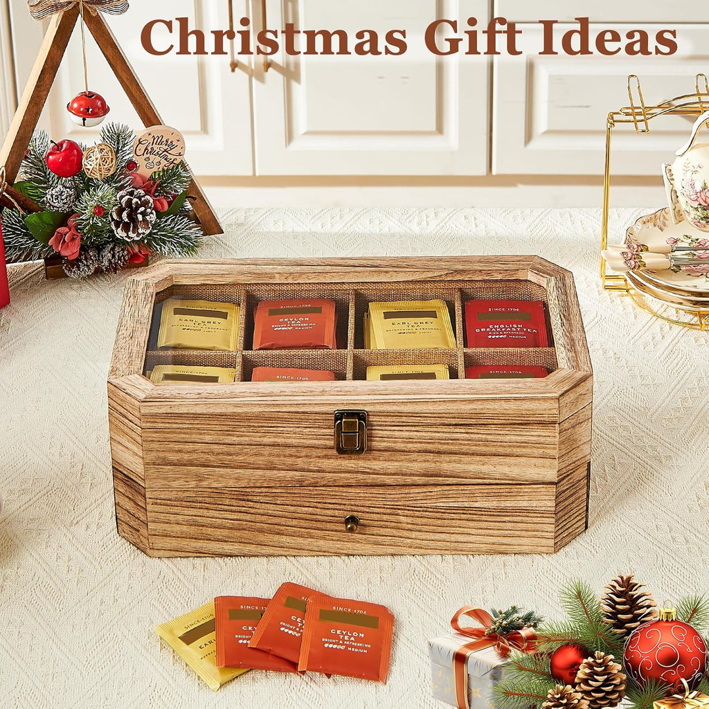 Tea Bag Organizer, Rust Wood 2 Layer Tea Box Organizer Storage | Christmas Gift Tea Bag Holder with Drawer Acrylic Window, Tea Organizer Caddy