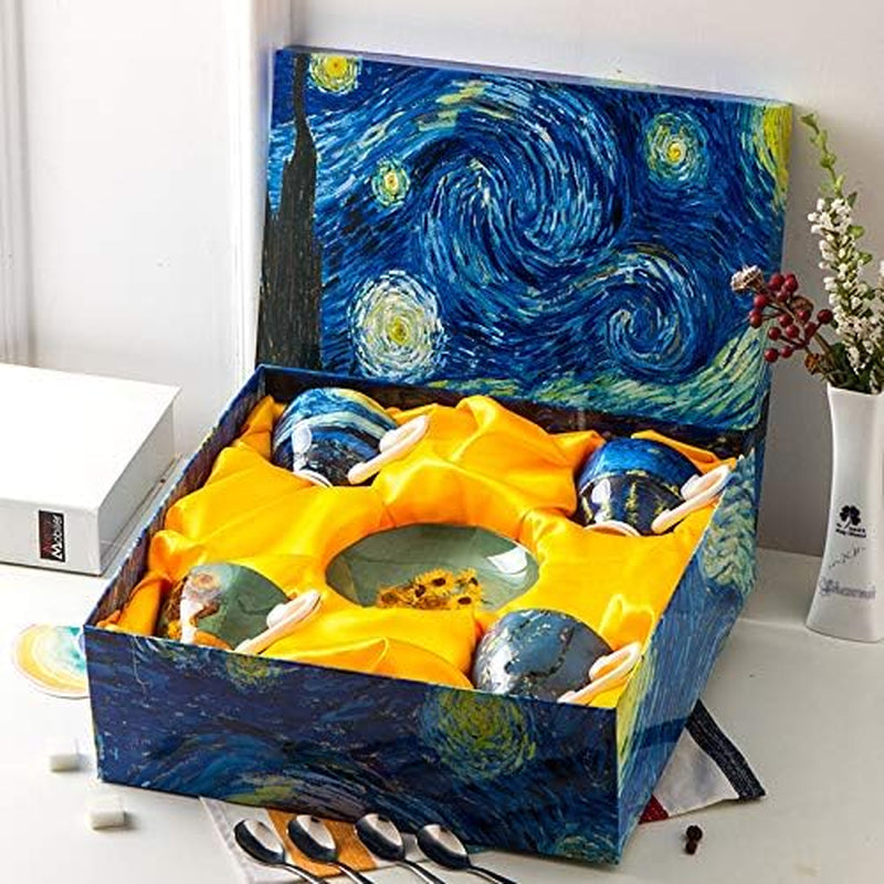 Van Gogh Tea Set, 4 Bone China Mugs, 8Oz, Gold-Lined Handles, Elegant Mug Set, Perfect for Gifting, Great for Tea Lovers, Stylish Design, for Home, Office, Special Occasions, Vincet Van Gogh Gifts
