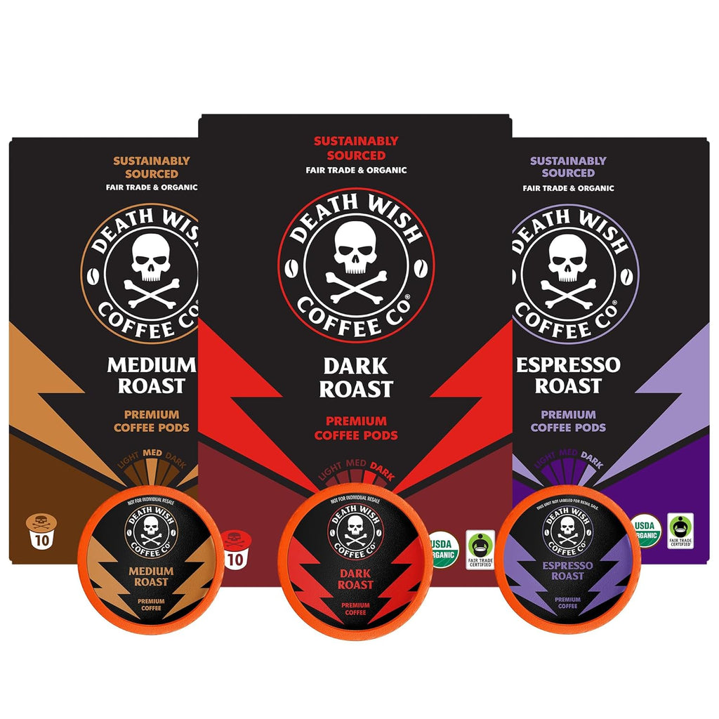 Death Wish Coffee Mixed Roast Variety Pack Coffee Pods, Organic, 30 Count | Fair Trade Arabica & Robusta, Medium Dark & Espresso Roasts, Bold & Balanced, Assorted
