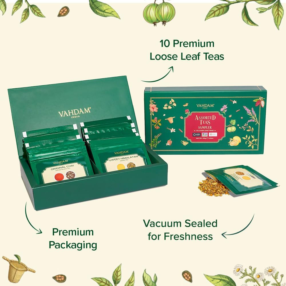 Top 10 Favourites Tea Sampler Set | Loose Leaf Tea (50+ Cups) | Tea Variety Pack with Green, Herbal, Black & Chai Brew | Vacuum Sealed for Freshness | Brew Hot & Col