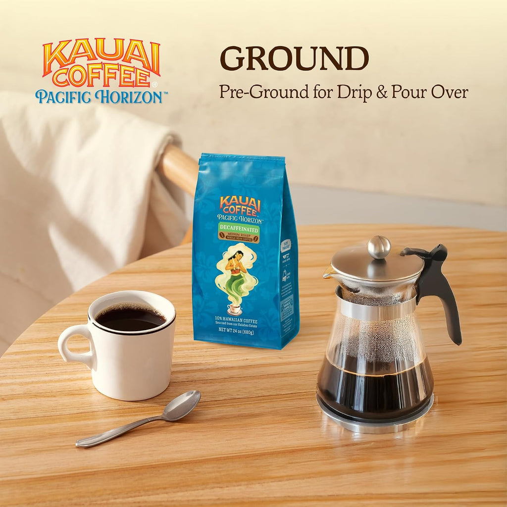 Ground Coffee – Smooth, Rich, Medium Roast – Light Floral Notes and Bright Aroma – Arabica Coffee, 10% Hawaiian with No Bitterness – Decaf, 1 Pack of 24Oz