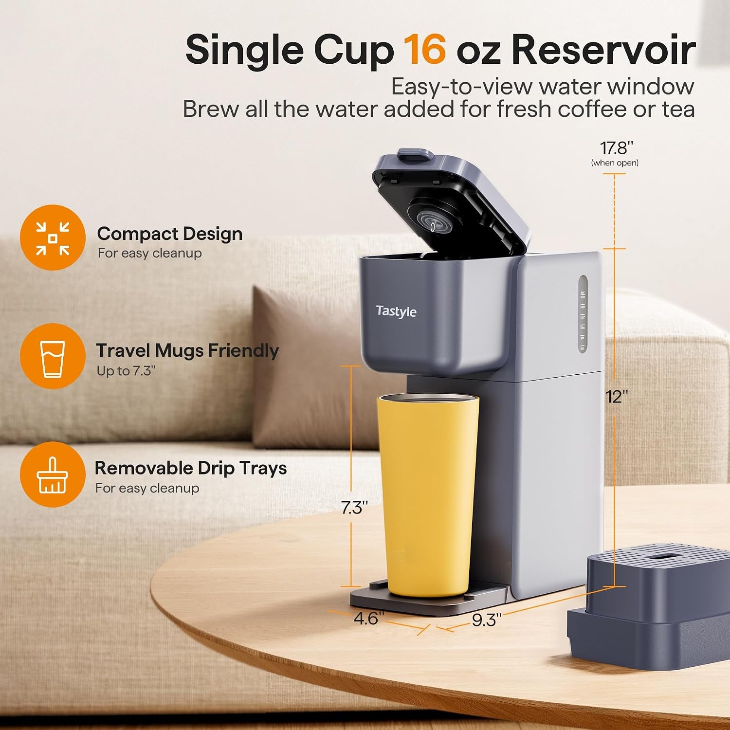 Single Serve Coffee Maker for K Cup, Ground and Tea | Hot and Iced Coffee Machines with Bold Setting, 6 to 16 Oz Brew Sizes, Compact for Small Spaces, Gray (2.0 Version)