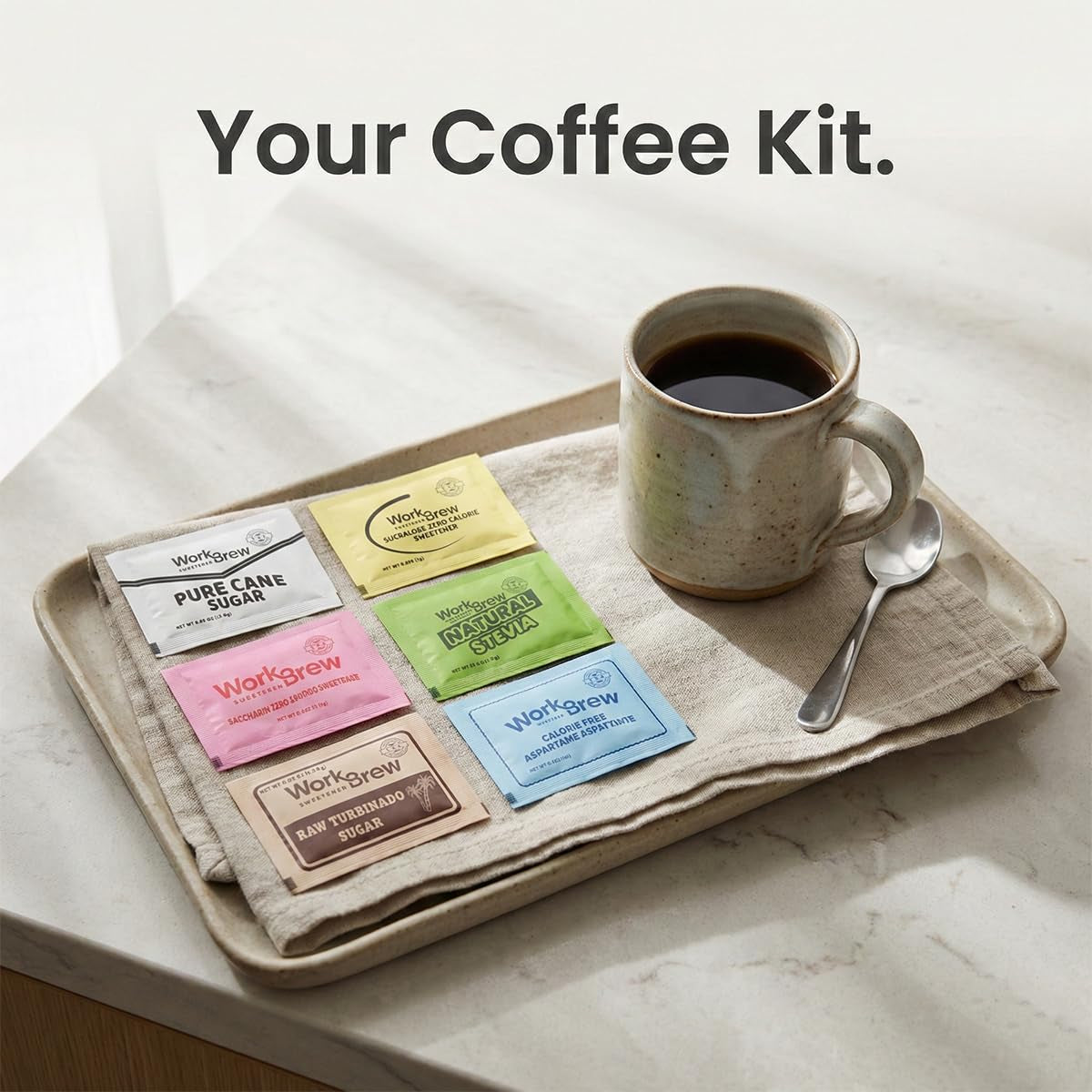 Sweetener Packets Variety Pack with Stirrers, 200 Count, Individually Wrapped Coffee Sweeteners, Stevia, Cane Sugar, Raw Sugar, Sucralose, Aspartame, Saccharin; Kosher Certified, Made in USA.