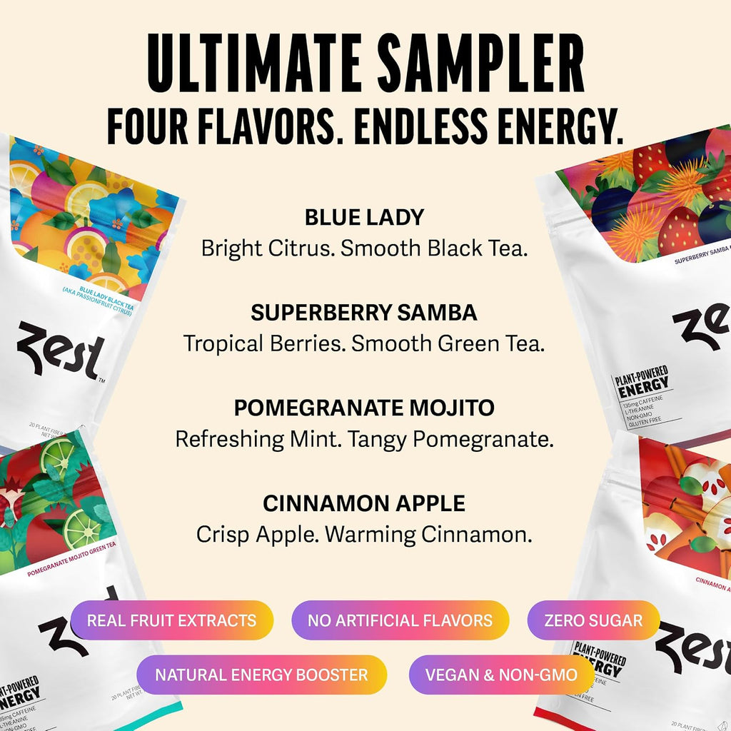 Energy Tea Assortment Box – High Caffeine Tea Bags Sampler with Black & Green Tea – Caffeinated Coffee Alternative for Morning Focus – 80 Tea Bags – 135-150Mg Caf per Cup – Natural, Non-Gmo, Keto