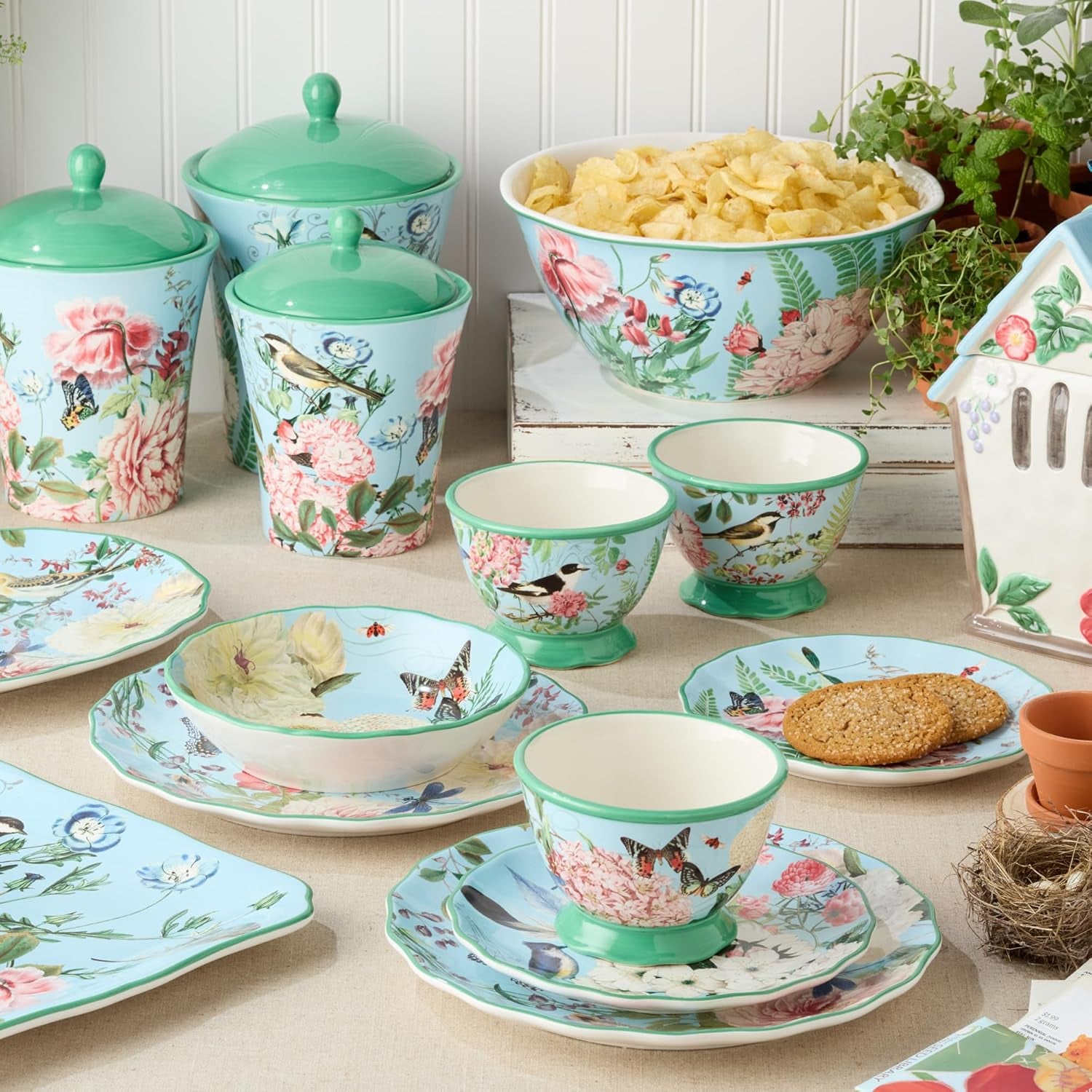 Flora 3D Birdhouse Teapot – 32-Ounce Hand-Painted Ceramic Teapot with Pastel Floral and Butterfly Design, Ideal for Tea Serving, Hosting, and Decorative Kitchen Display