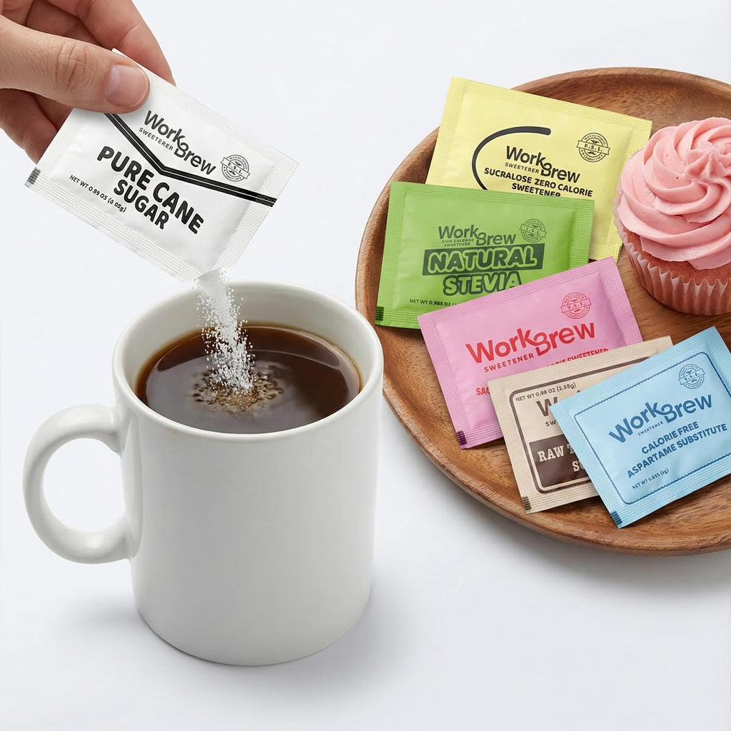 Sweetener Packets Variety Pack with Stirrers, 200 Count, Individually Wrapped Coffee Sweeteners, Stevia, Cane Sugar, Raw Sugar, Sucralose, Aspartame, Saccharin; Kosher Certified, Made in USA.