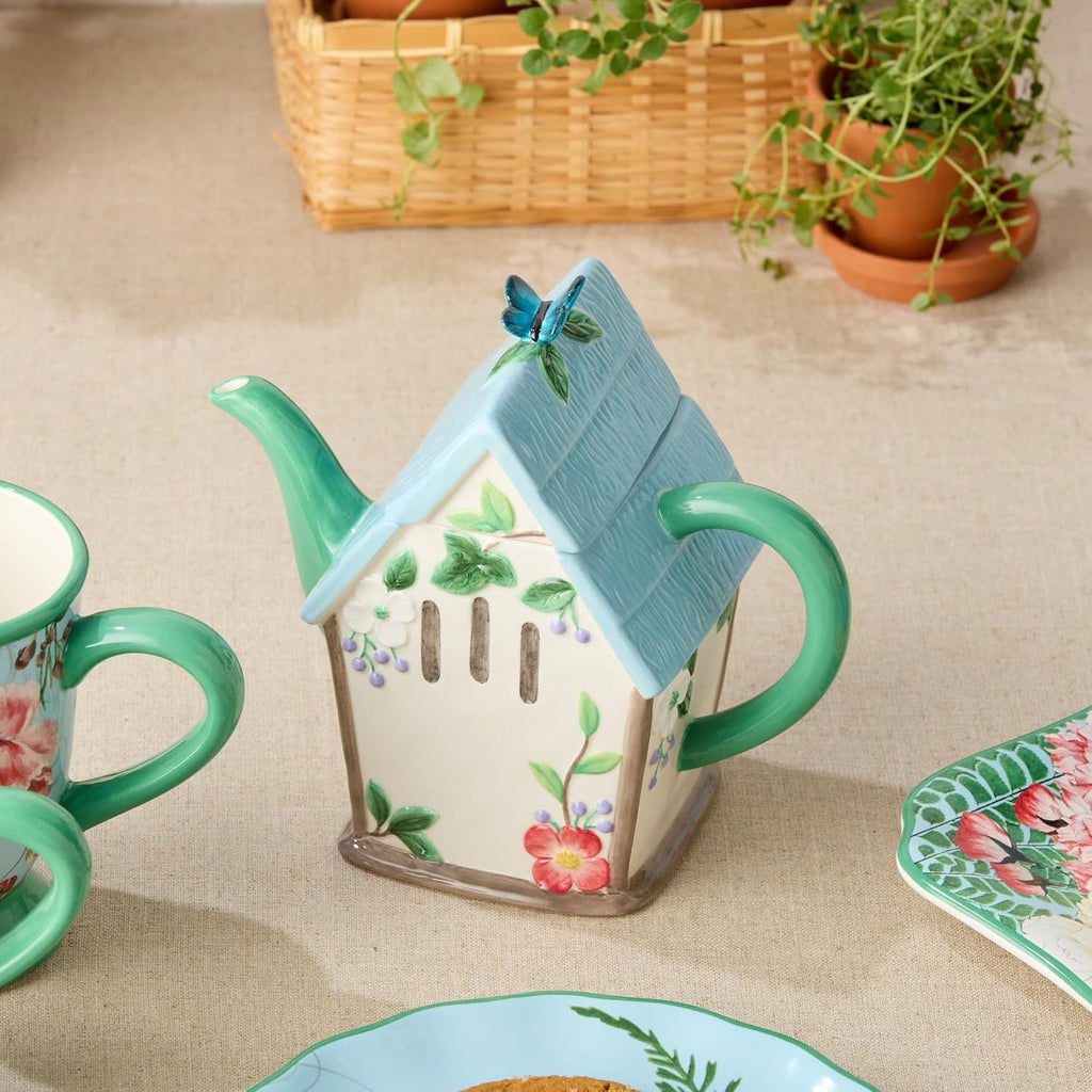 Flora 3D Birdhouse Teapot – 32-Ounce Hand-Painted Ceramic Teapot with Pastel Floral and Butterfly Design, Ideal for Tea Serving, Hosting, and Decorative Kitchen Display