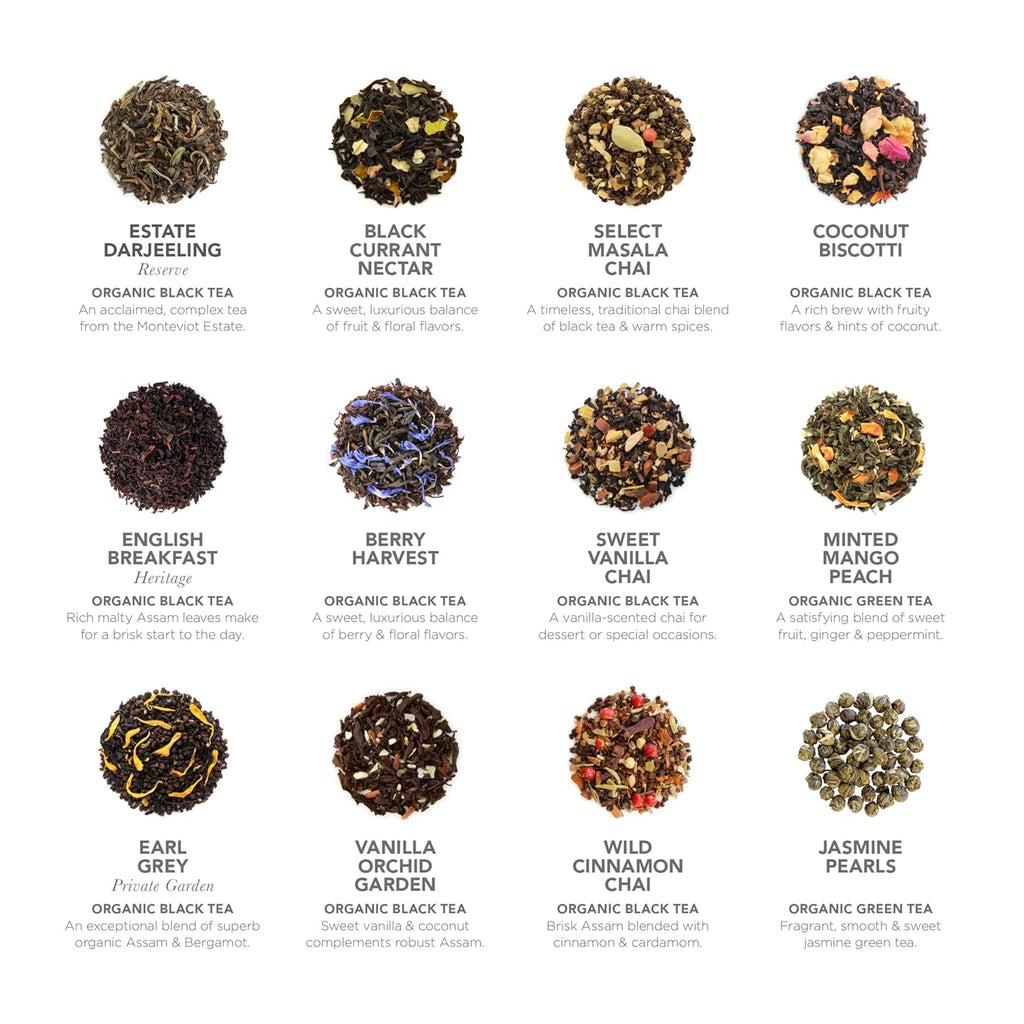 - World'S Finest Pyramid Tea Collection, 24 Varieties of USDA Certified Organic & Kosher Teas - Black Tea, Green Tea, White Tea, Oolong Tea, and Herbal/Fruit Tea Blends