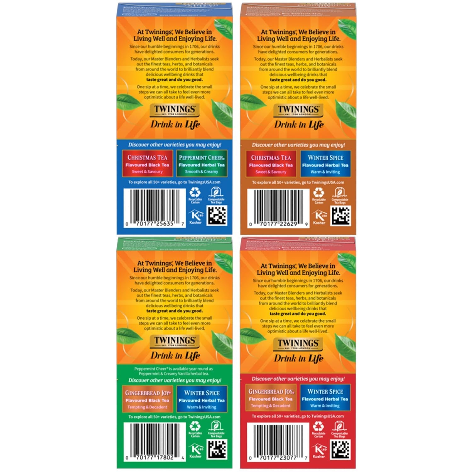 Tea Holiday Variety 4-Pack – Caffeinated Christmas Tea and Gingerbread Joy, Naturally Caffeine-Free Peppermint Cheer and Winter Spice Tea Bags, 20 Count Each