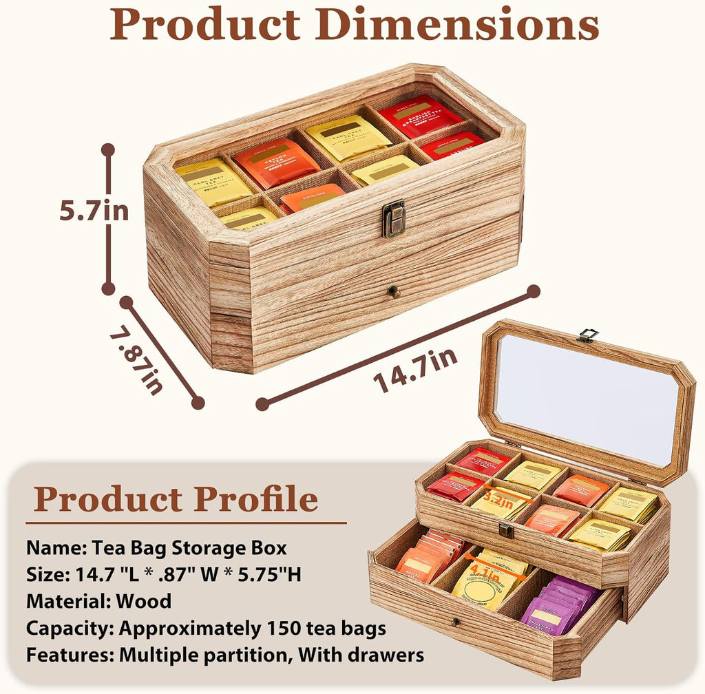 Tea Bag Organizer, Rust Wood 2 Layer Tea Box Organizer Storage | Christmas Gift Tea Bag Holder with Drawer Acrylic Window, Tea Organizer Caddy
