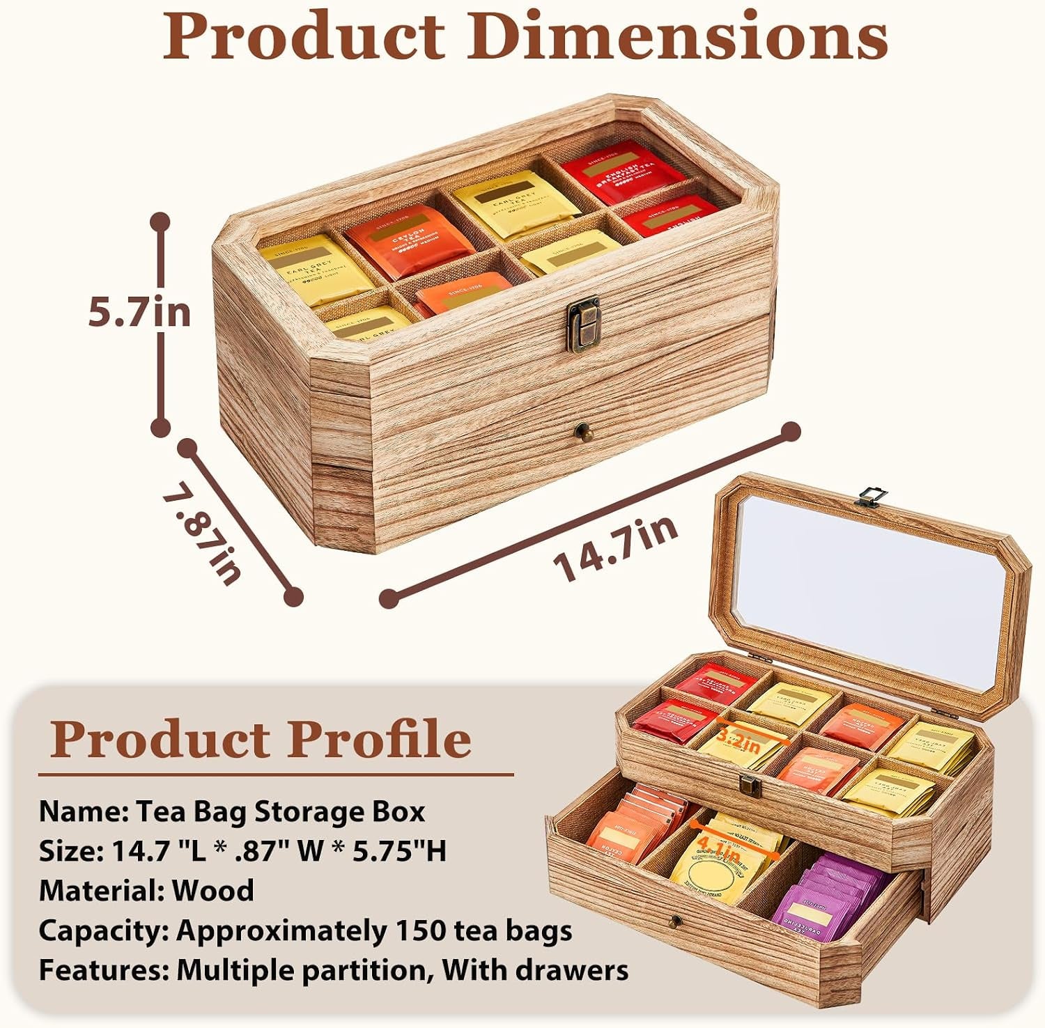 Tea Bag Organizer, Rust Wood 2 Layer Tea Box Organizer Storage | Christmas Gift Tea Bag Holder with Drawer Acrylic Window, Tea Organizer Caddy