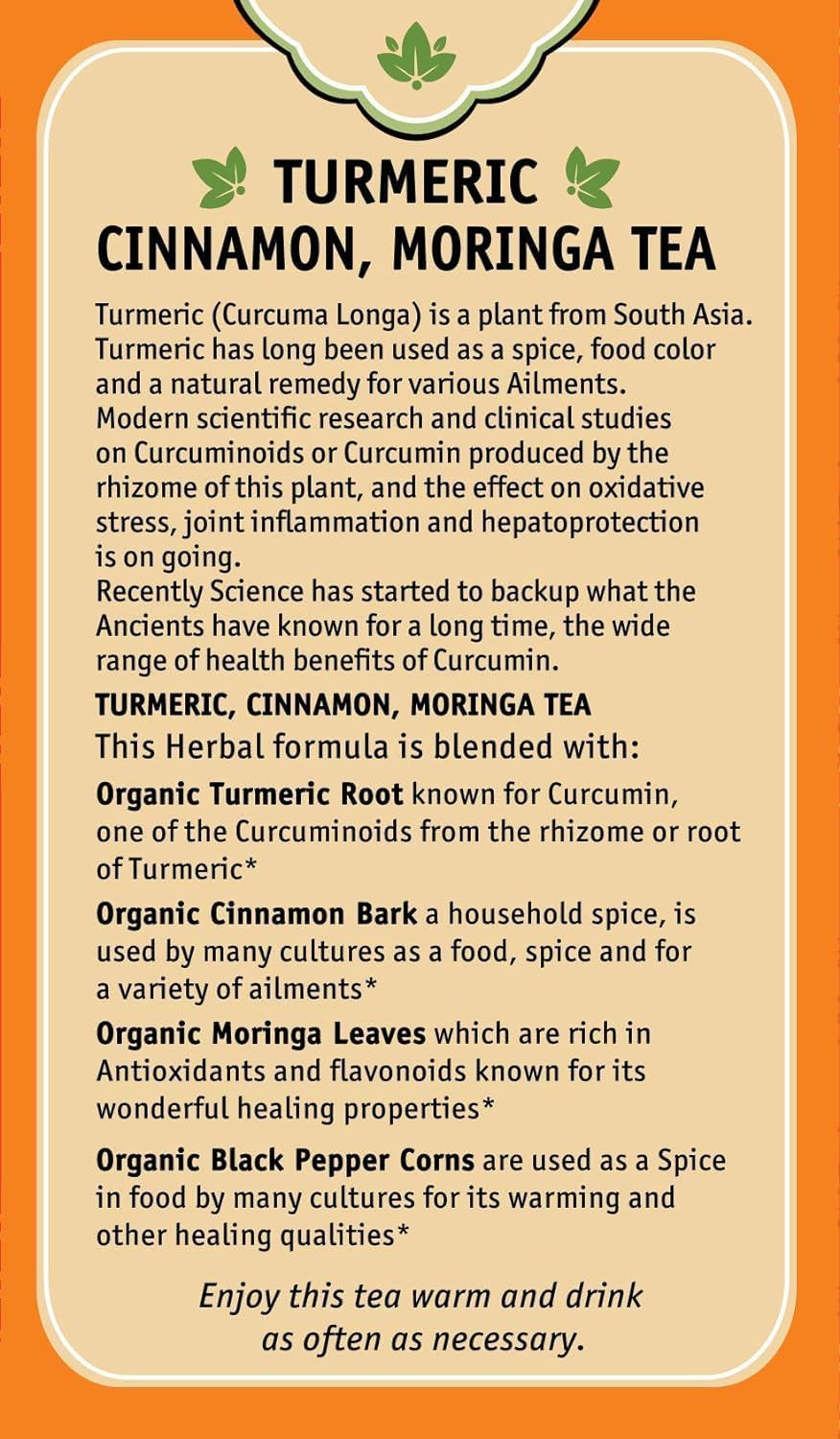 Ayurveda Turmeric Tea, Organic Cinnamon Moringa, No Caffeine Herbal Supplement (16 Count, Pack of 1)