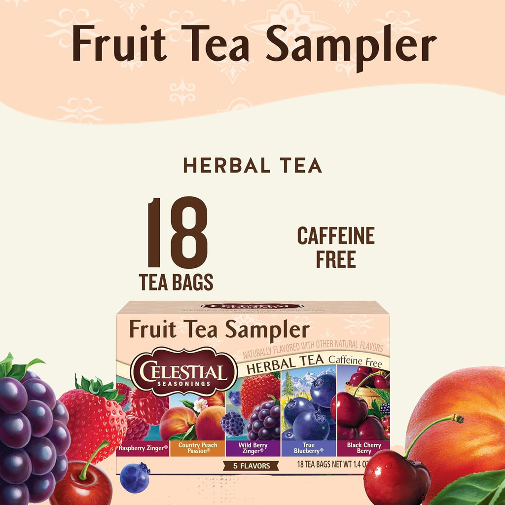 Fruit Tea Sampler Herbal Tea Variety Pack, Caffeine Free, 18 Tea Bags per Box