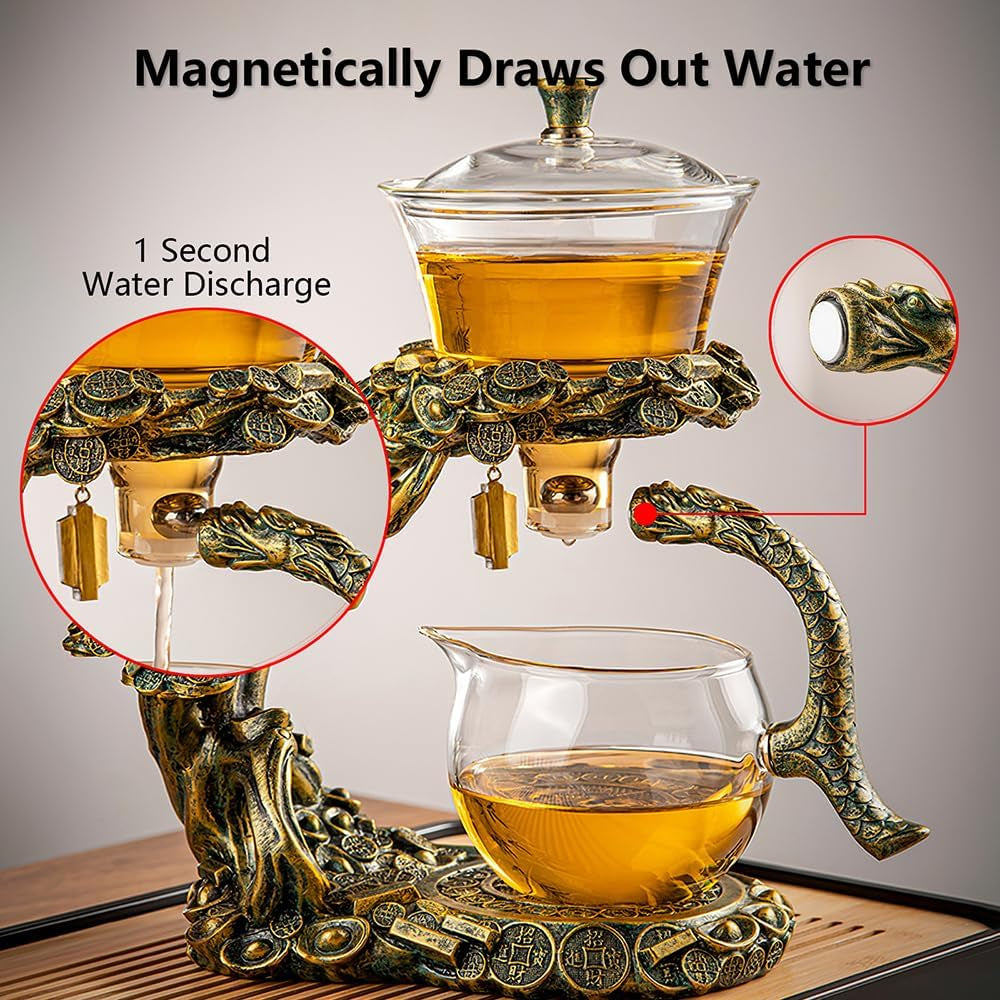 Lazy Kungfu Drip Teapot, Heat Resistant Tea Set, Semi-Automatic Glass Teapot Suit for Magnetic Water Flow Wooden Glass Teapot Set