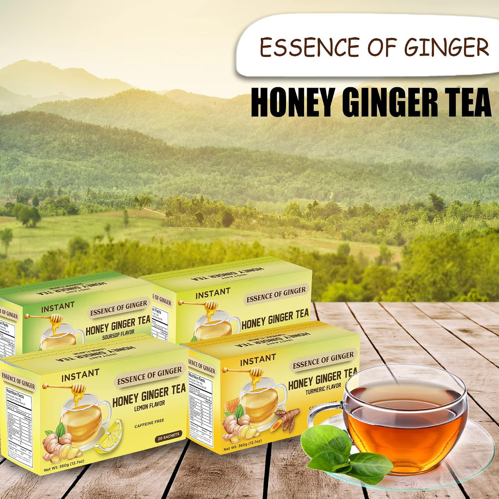 Natural Honey Lemon Ginger Herbal Tea 20 Sachet Packets Instant Beverage 18 Grams Made with Real Pure Honey, Fresh Ginger Root and Refreshing Lemon Citrus - Caffeine Free
