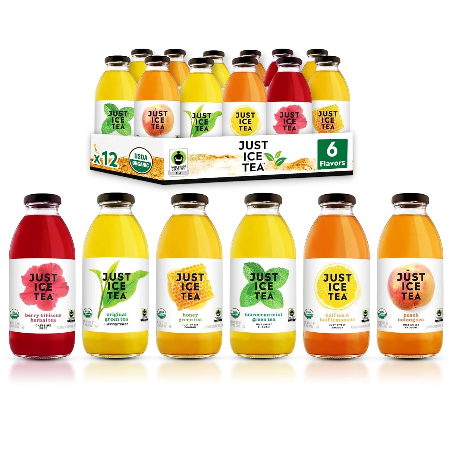 Organic Iced Tea, 16 Fl Oz Glass Bottles (6 Flavor Variety, Pack of 12)